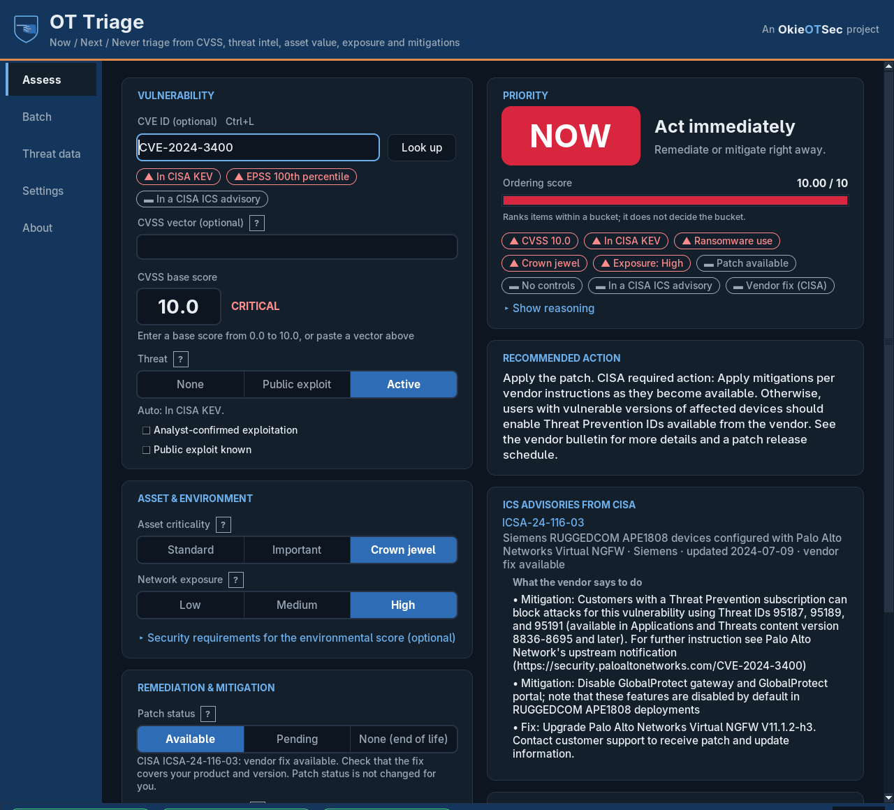 The Assess view for an actively exploited firewall flaw on a crown-jewel asset, with the CISA ICS advisory that names it and the vendor's own mitigations and fix